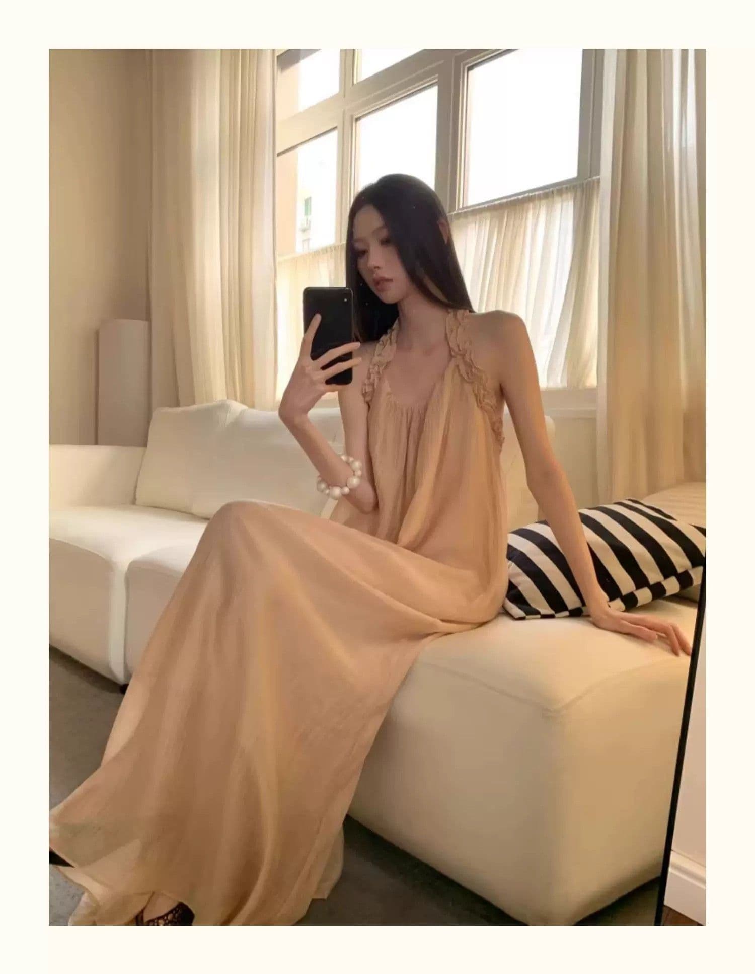 샴페인 오프숄더 행침 목 여성 드레스 여름 프랑스식 빛 요리 한 바람 빛 럭셔리 질감 센스 우아한 품격 길다 치마 상세 이미지 10