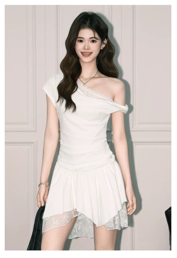 프랑스식 순수한 욕망 바람 비스듬한 어깨 레이스 조각 드레스 아이들 2026 여름 새로운 디자인 센스 불규칙 미니 스커트 상세 이미지 5
