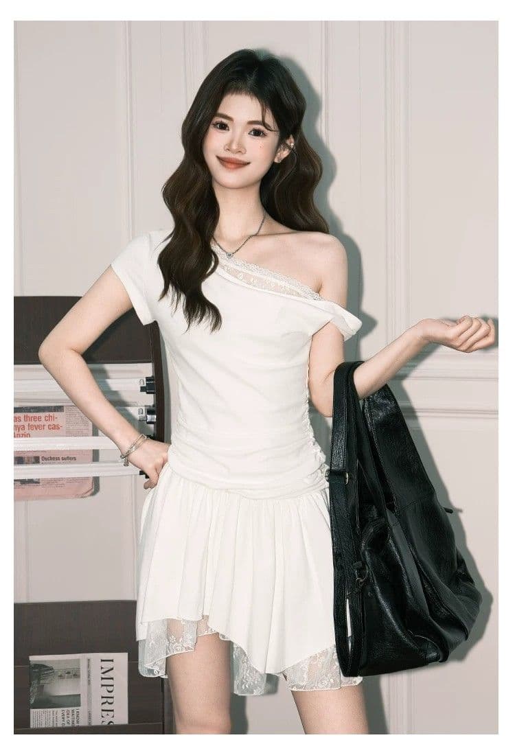 프랑스식 순수한 욕망 바람 비스듬한 어깨 레이스 조각 드레스 아이들 2026 여름 새로운 디자인 센스 불규칙 미니 스커트 상세 이미지 6