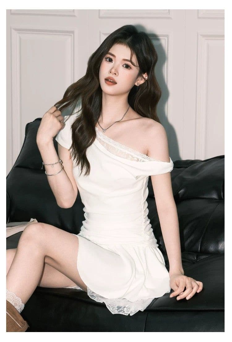프랑스식 순수한 욕망 바람 비스듬한 어깨 레이스 조각 드레스 아이들 2026 여름 새로운 디자인 센스 불규칙 미니 스커트 상세 이미지 7