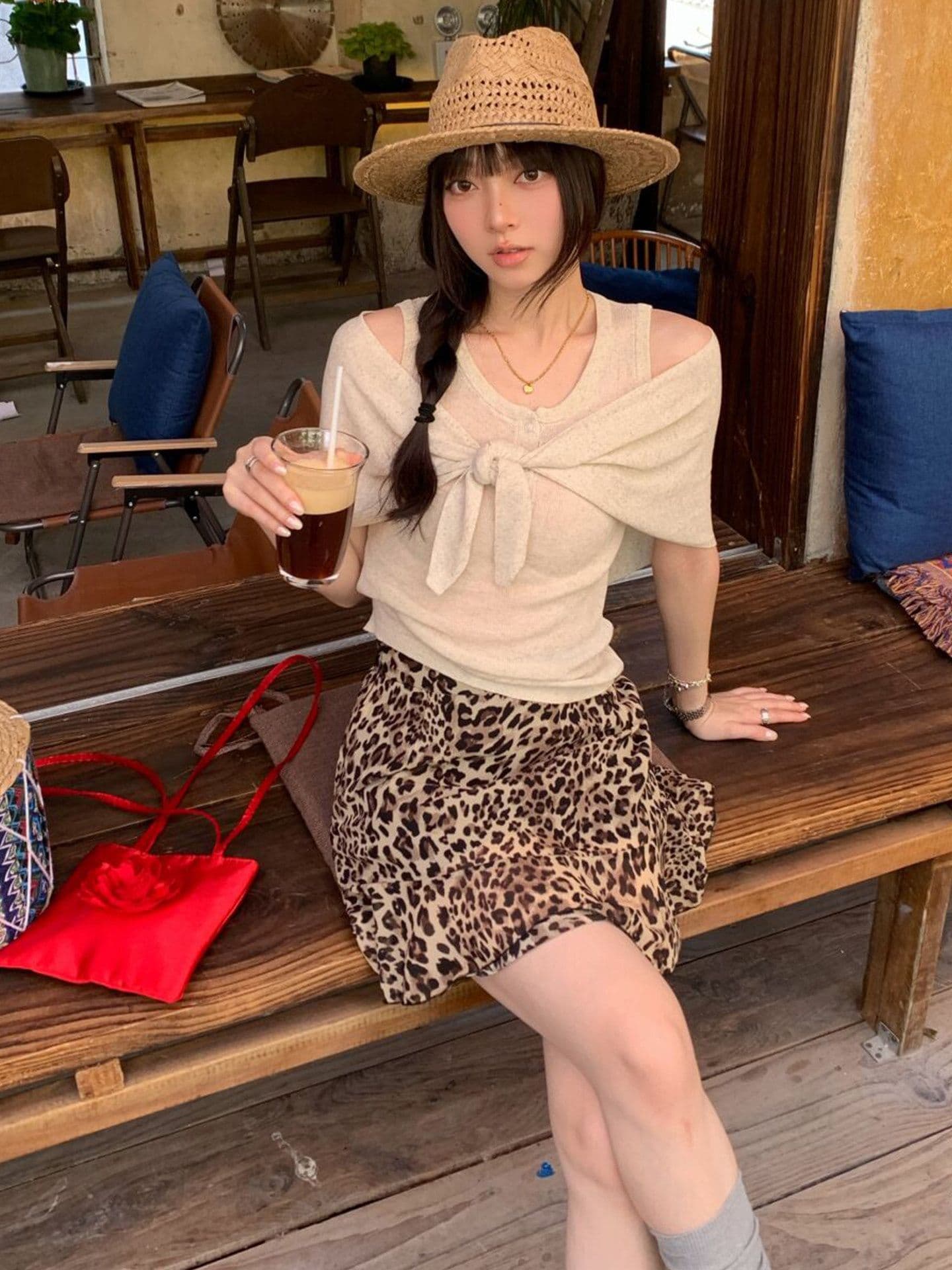 레트로 핫걸 커피 색상 레오파드 무늬 반신 스커트 여성 봄 여름 밴딩 하이웨이스트 루즈핏 도루 센스 A라인 스커트 미니 스커트 트렌디 이미지 4