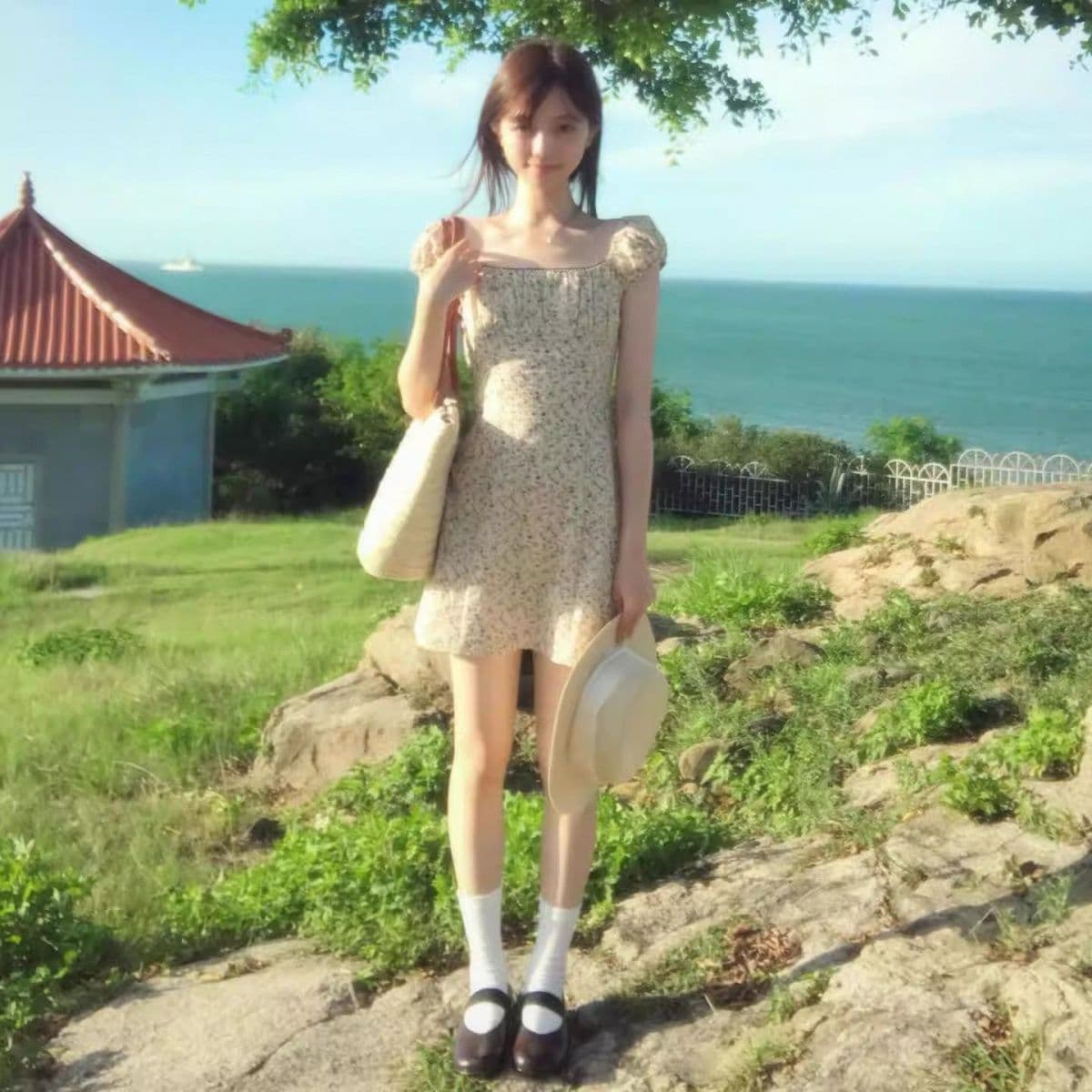전원 바람 부드러운 허리 수축 광장 칼라 슬림해 보이는 꽃무늬 여성 드레스 여름 새로운 품격 허리 수축 반팔 짧은 치마 이미지 2