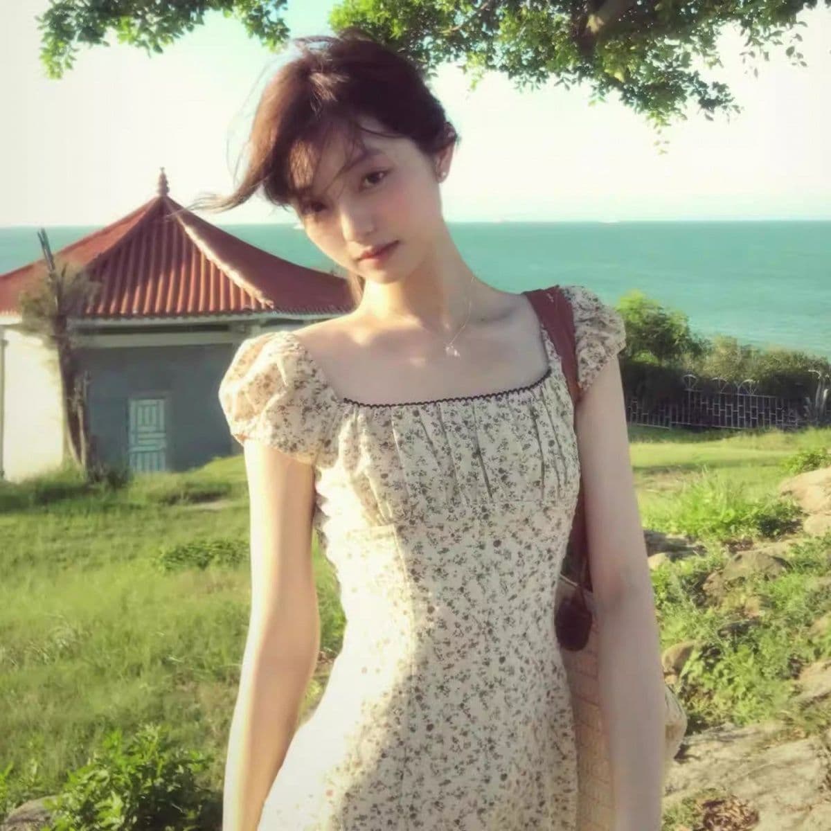 전원 바람 부드러운 허리 수축 광장 칼라 슬림해 보이는 꽃무늬 여성 드레스 여름 새로운 품격 허리 수축 반팔 짧은 치마 상세 이미지 1