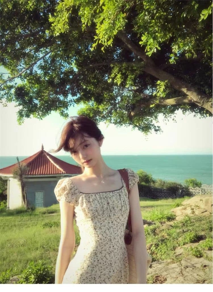 전원 바람 부드러운 허리 수축 광장 칼라 슬림해 보이는 꽃무늬 여성 드레스 여름 새로운 품격 허리 수축 반팔 짧은 치마 상세 이미지 2