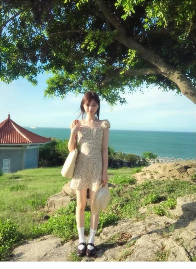 전원 바람 부드러운 허리 수축 광장 칼라 슬림해 보이는 꽃무늬 여성 드레스 여름 새로운 품격 허리 수축 반팔 짧은 치마 상세 이미지 5