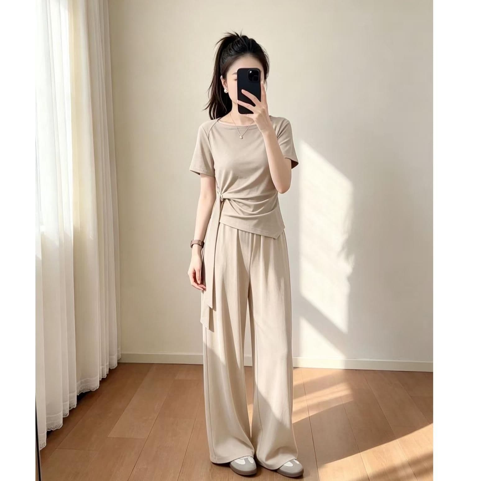 작은 키 맞춤 여름 스트랩 허리 수축 반팔 맨위 코디 넓은 다리 캐주얼 바지 세트 패션 상세 이미지 6