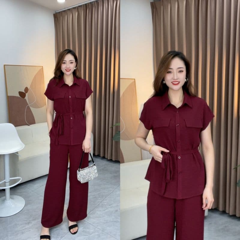 레트로 캐주얼 품격 세트 여성 2026 년 여름 새로운 레이스업 반팔 맨위 하이웨이스트 와이드 레그 팬츠 투피스 세트 상세 이미지 5