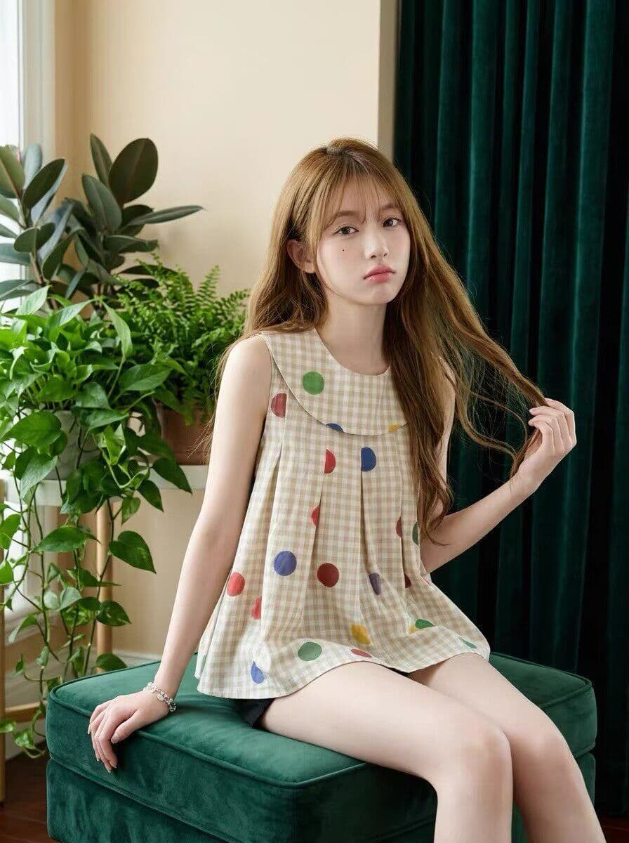 일본식 레트로 민소매 인형 셔츠 여름 도트 무늬 체크무늬 여성 셔츠 베이비 칼라 슬림해 보이는 어린애 같은 셔츠 맨위 이미지 2