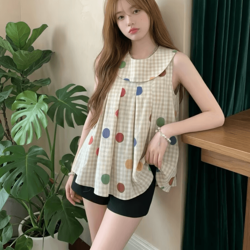 일본식 레트로 민소매 인형 셔츠 여름 도트 무늬 체크무늬 여성 셔츠 베이비 칼라 슬림해 보이는 어린애 같은 셔츠 맨위 이미지 5