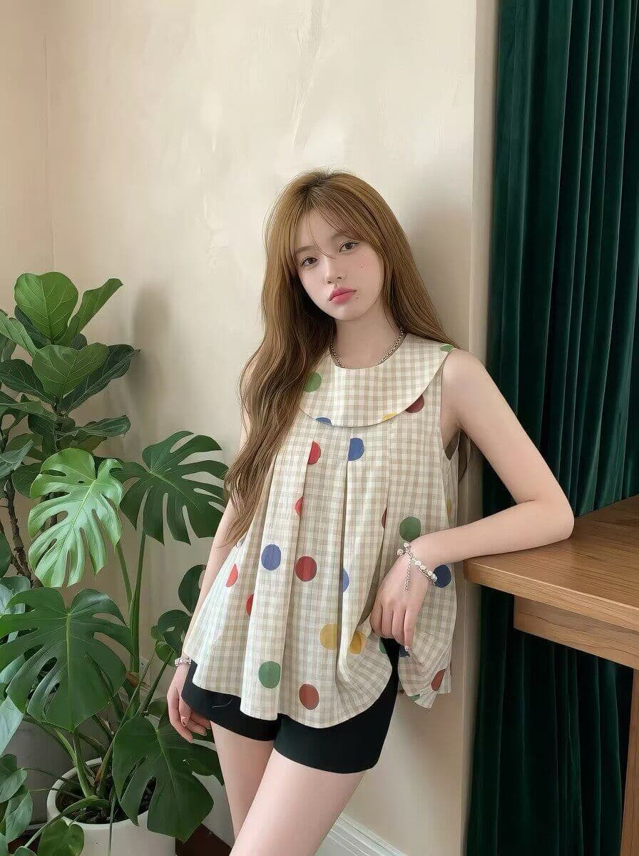 일본식 레트로 민소매 인형 셔츠 여름 도트 무늬 체크무늬 여성 셔츠 베이비 칼라 슬림해 보이는 어린애 같은 셔츠 맨위