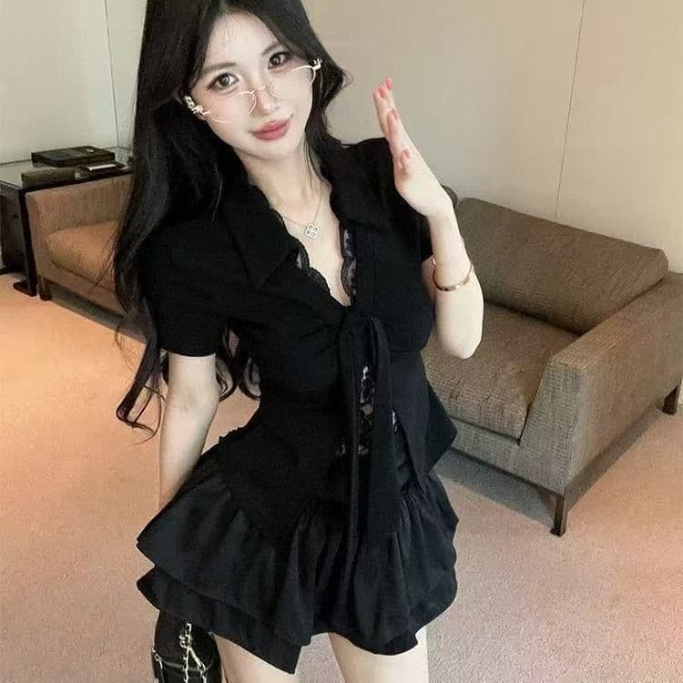 순수한 욕망 바람 품격 페이크 레이어드 V넥 레이스 측면 인사이드 가져 가라. 반팔 티셔츠 여성 퍼프 스커트 패션 투피스 슈트 이미지 2
