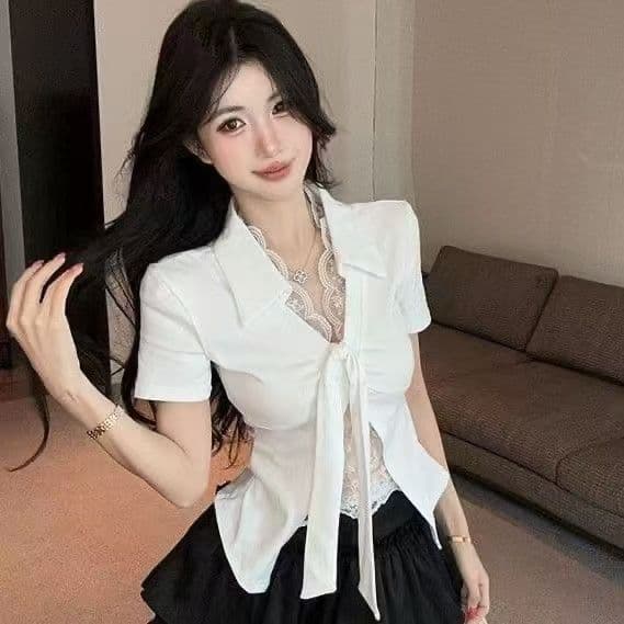 순수한 욕망 바람 품격 페이크 레이어드 V넥 레이스 측면 인사이드 가져 가라. 반팔 티셔츠 여성 퍼프 스커트 패션 투피스 슈트 상세 이미지 4