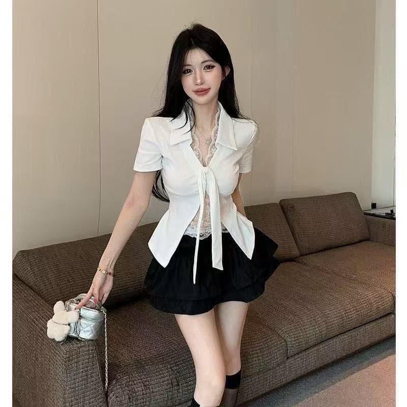 순수한 욕망 바람 품격 페이크 레이어드 V넥 레이스 측면 인사이드 가져 가라. 반팔 티셔츠 여성 퍼프 스커트 패션 투피스 슈트 상세 이미지 5