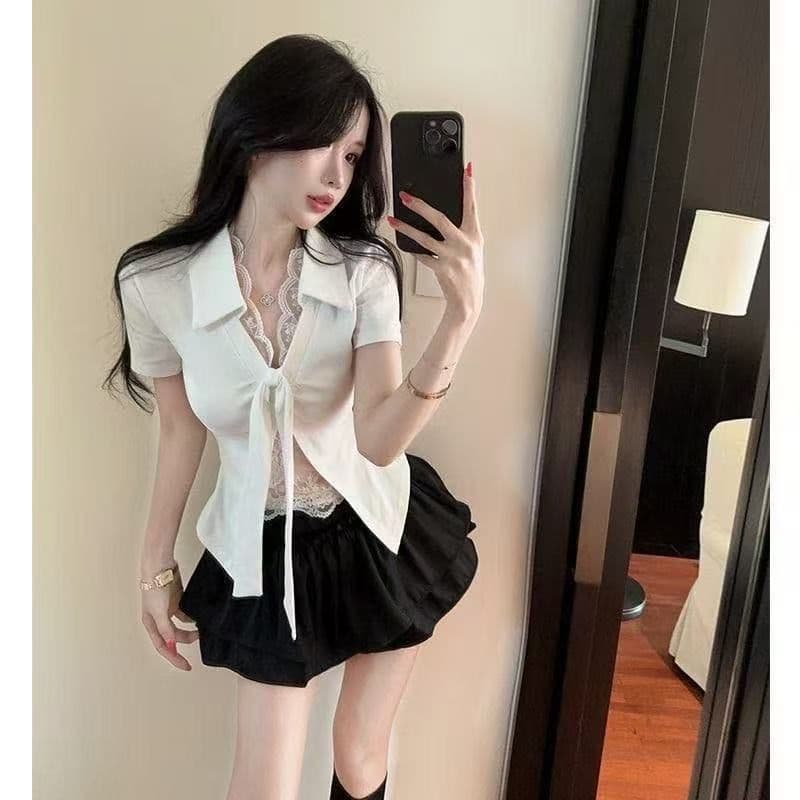 순수한 욕망 바람 품격 페이크 레이어드 V넥 레이스 측면 인사이드 가져 가라. 반팔 티셔츠 여성 퍼프 스커트 패션 투피스 슈트 상세 이미지 6