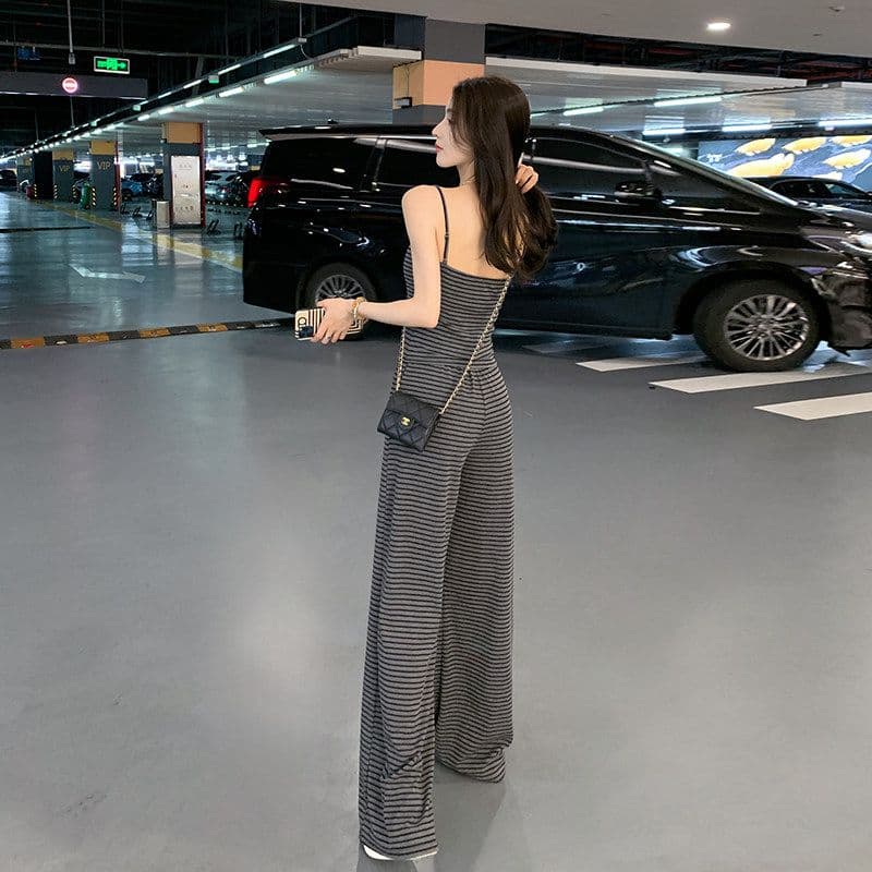 얼음 실크 리브 여름 드레스 전체 집합 연령 감소 운동 캐주얼 한 바람 슬립 스트라이프 조끼 바지 투피스 세트 이미지 2