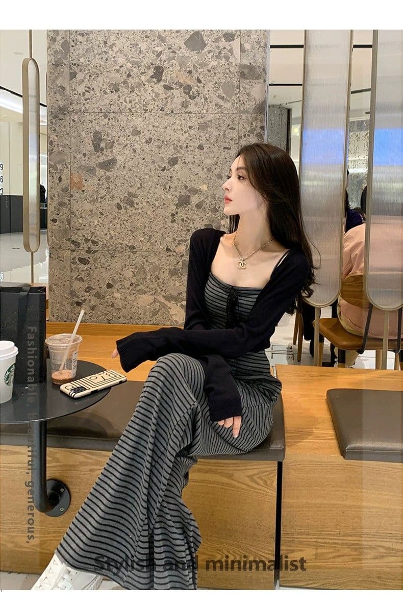 얼음 실크 리브 여름 드레스 전체 집합 연령 감소 운동 캐주얼 한 바람 슬립 스트라이프 조끼 바지 투피스 세트 상세 이미지 1
