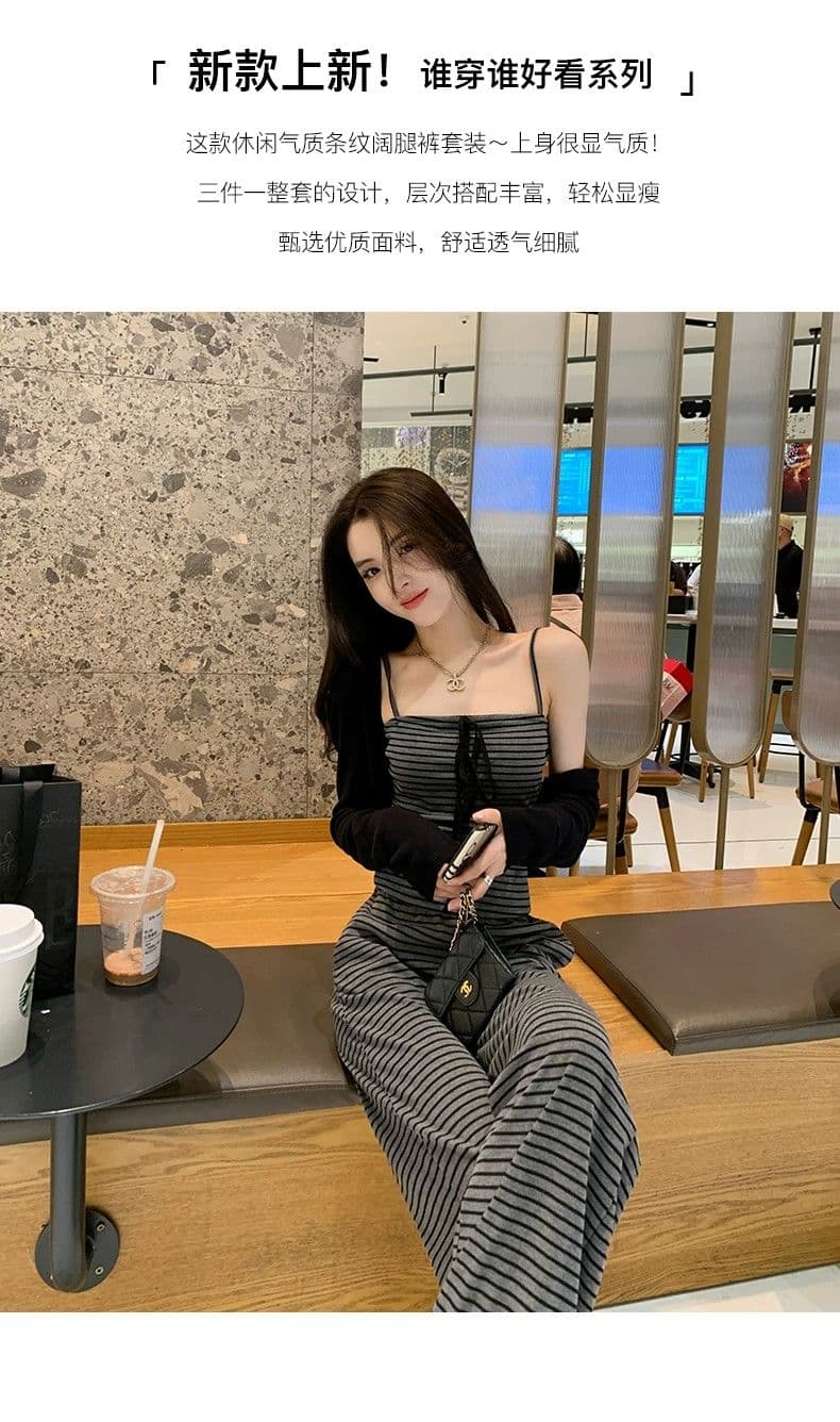 얼음 실크 리브 여름 드레스 전체 집합 연령 감소 운동 캐주얼 한 바람 슬립 스트라이프 조끼 바지 투피스 세트 상세 이미지 2