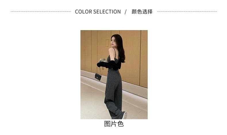 얼음 실크 리브 여름 드레스 전체 집합 연령 감소 운동 캐주얼 한 바람 슬립 스트라이프 조끼 바지 투피스 세트 상세 이미지 7