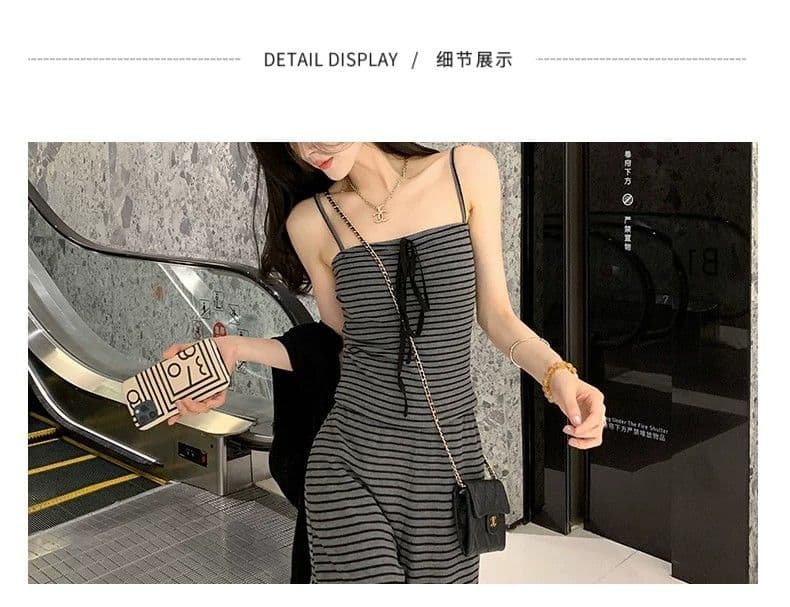 얼음 실크 리브 여름 드레스 전체 집합 연령 감소 운동 캐주얼 한 바람 슬립 스트라이프 조끼 바지 투피스 세트 상세 이미지 8