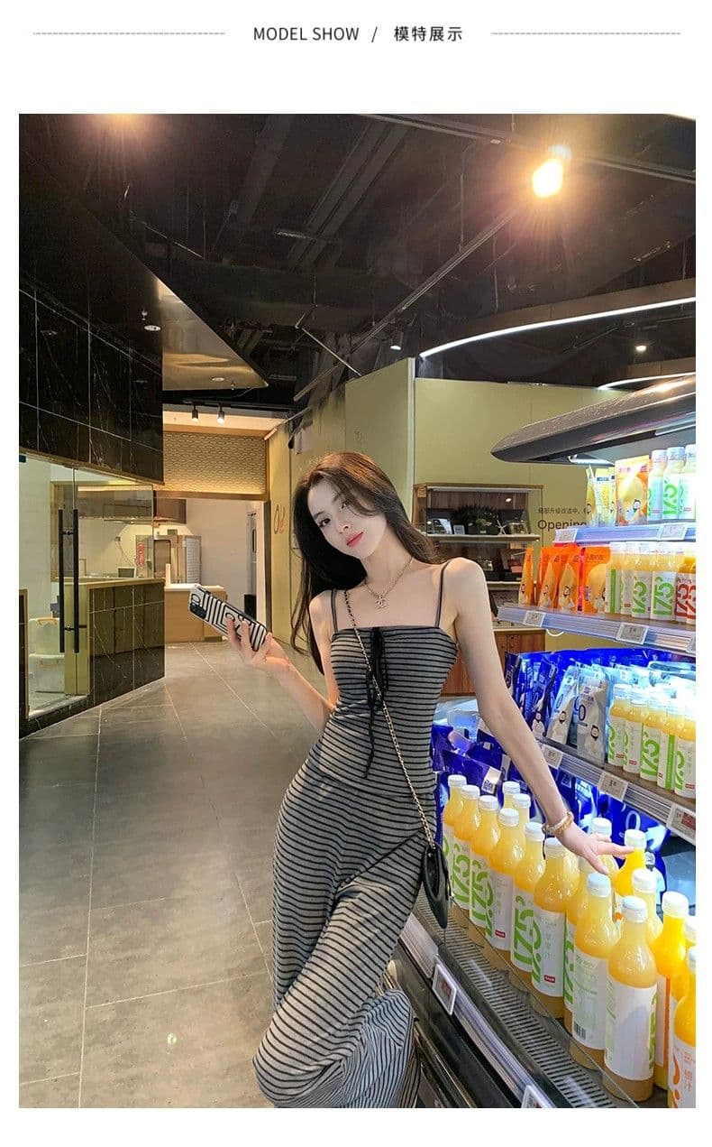 얼음 실크 리브 여름 드레스 전체 집합 연령 감소 운동 캐주얼 한 바람 슬립 스트라이프 조끼 바지 투피스 세트 상세 이미지 10