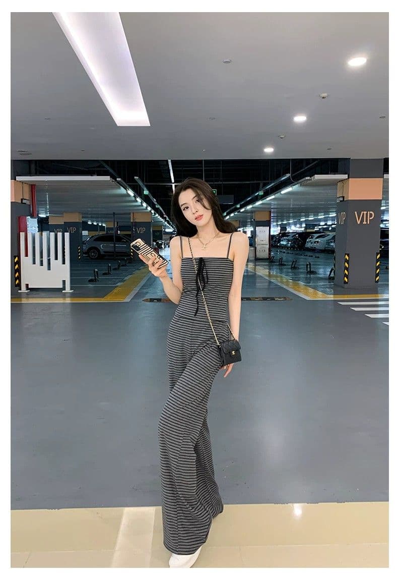 얼음 실크 리브 여름 드레스 전체 집합 연령 감소 운동 캐주얼 한 바람 슬립 스트라이프 조끼 바지 투피스 세트 상세 이미지 14