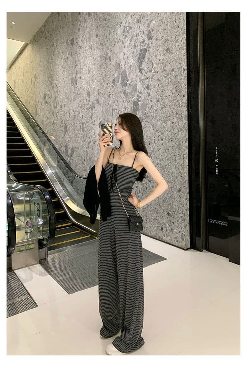 얼음 실크 리브 여름 드레스 전체 집합 연령 감소 운동 캐주얼 한 바람 슬립 스트라이프 조끼 바지 투피스 세트 상세 이미지 15