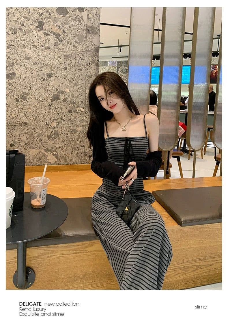 얼음 실크 리브 여름 드레스 전체 집합 연령 감소 운동 캐주얼 한 바람 슬립 스트라이프 조끼 바지 투피스 세트 상세 이미지 17