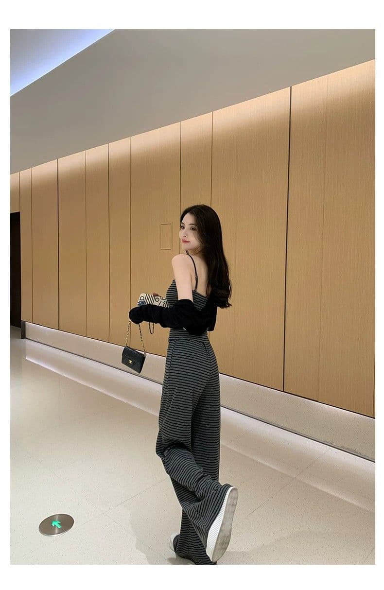 얼음 실크 리브 여름 드레스 전체 집합 연령 감소 운동 캐주얼 한 바람 슬립 스트라이프 조끼 바지 투피스 세트 상세 이미지 18