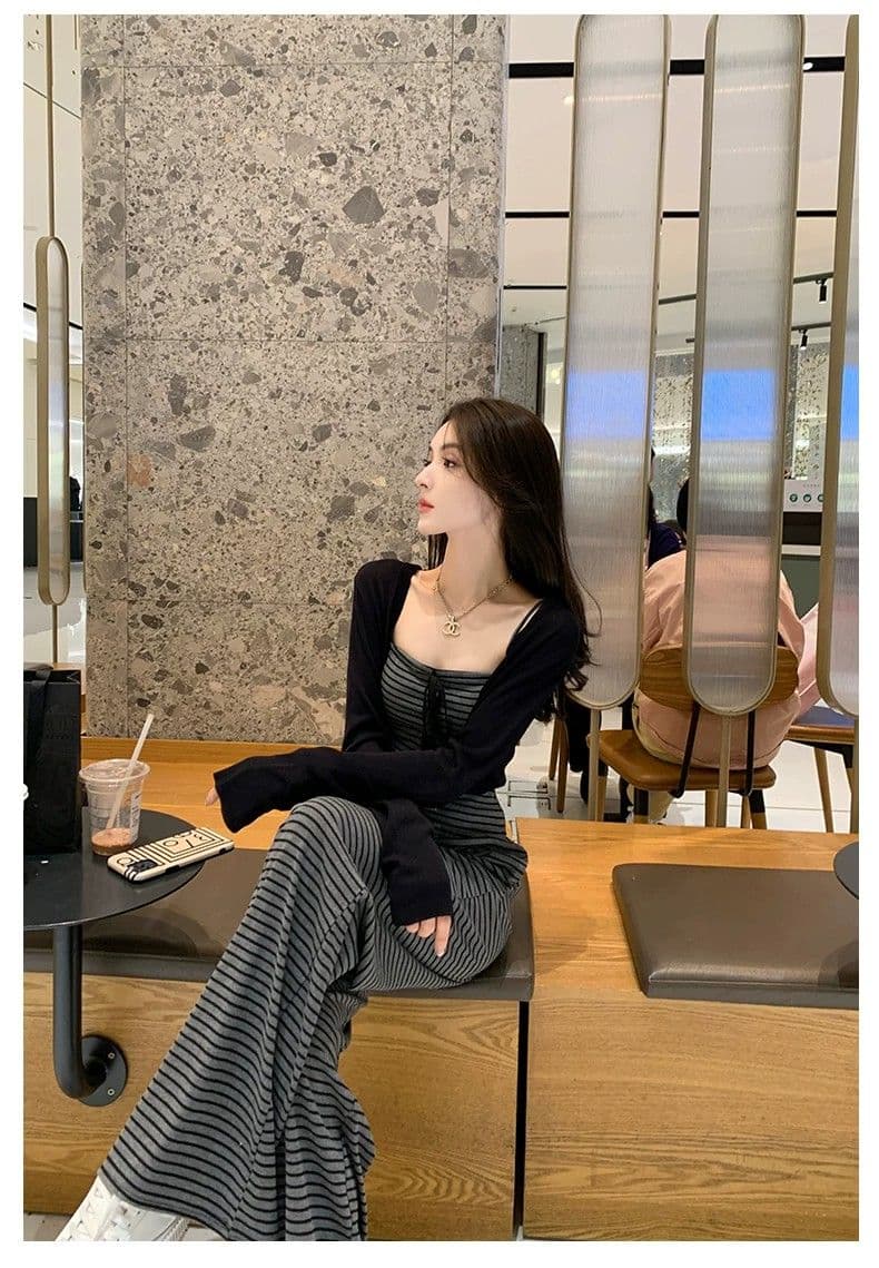 얼음 실크 리브 여름 드레스 전체 집합 연령 감소 운동 캐주얼 한 바람 슬립 스트라이프 조끼 바지 투피스 세트 상세 이미지 19