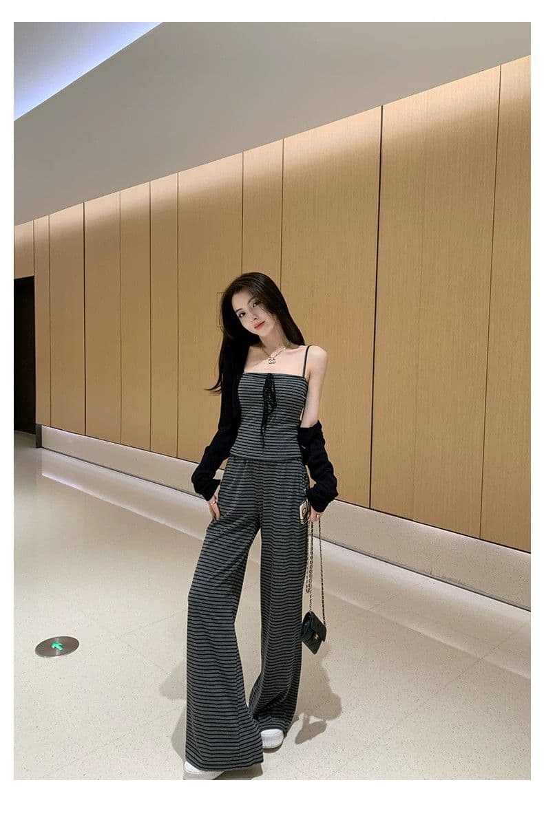 얼음 실크 리브 여름 드레스 전체 집합 연령 감소 운동 캐주얼 한 바람 슬립 스트라이프 조끼 바지 투피스 세트 상세 이미지 22