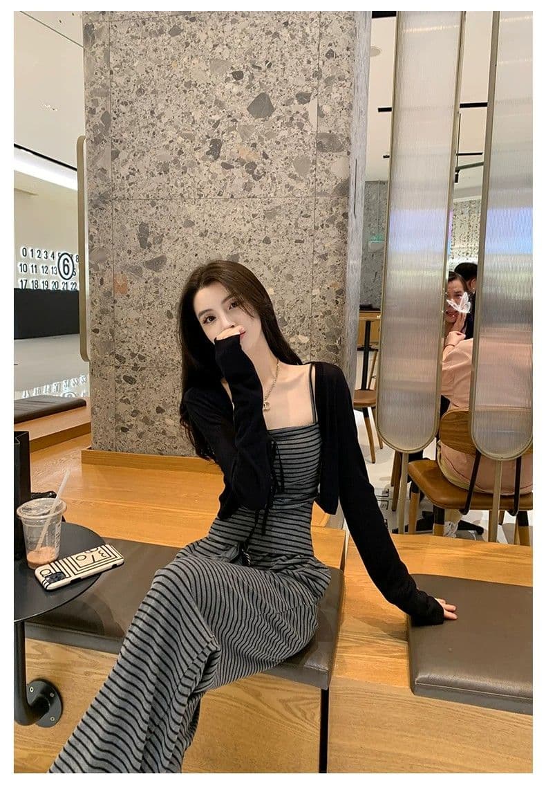 얼음 실크 리브 여름 드레스 전체 집합 연령 감소 운동 캐주얼 한 바람 슬립 스트라이프 조끼 바지 투피스 세트 상세 이미지 23