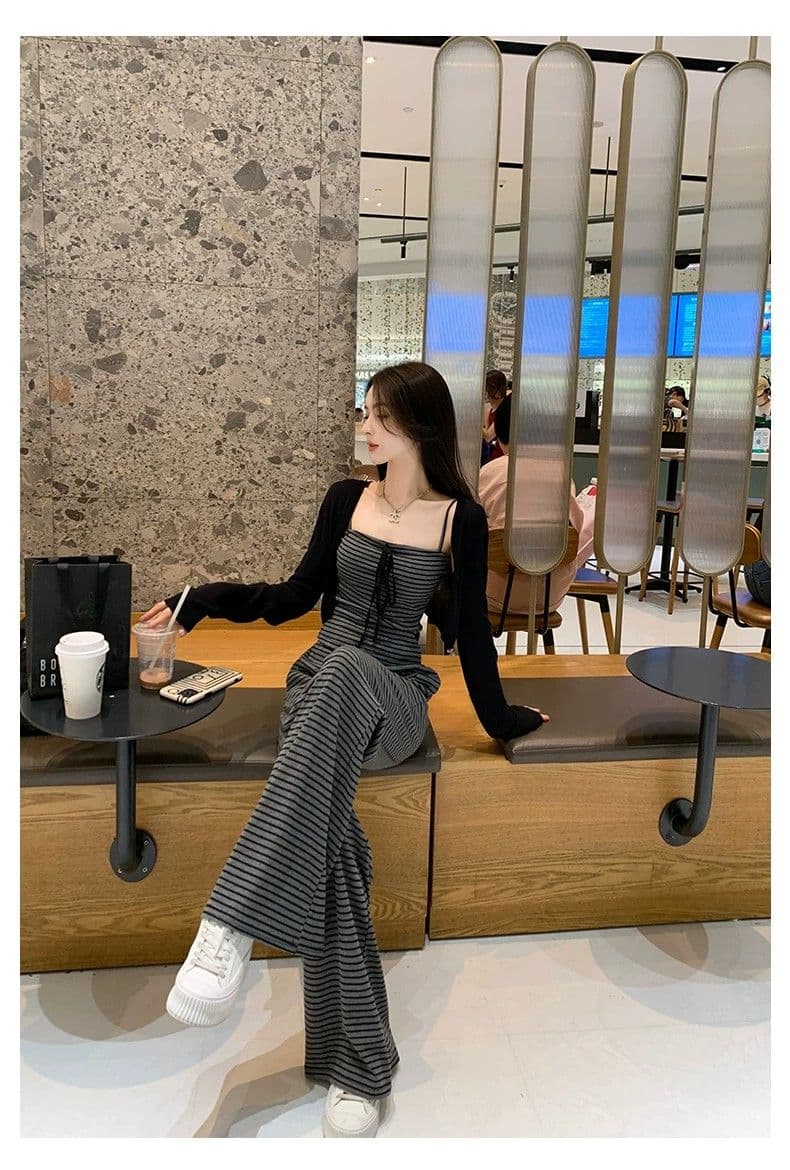 얼음 실크 리브 여름 드레스 전체 집합 연령 감소 운동 캐주얼 한 바람 슬립 스트라이프 조끼 바지 투피스 세트 상세 이미지 24