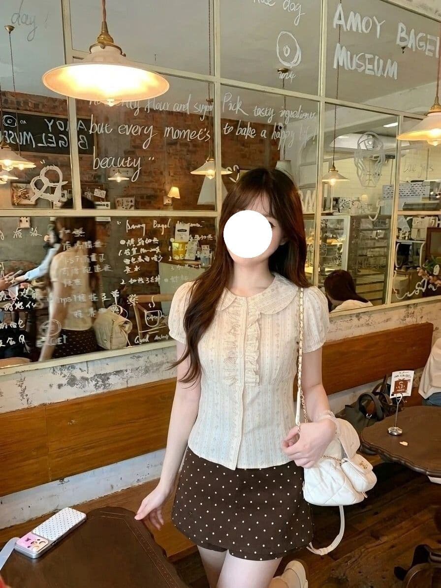초여름 고유 한 아름다운 세트 여성 한 부서 달콤함 프릴 꽃무늬 반팔 여성 셔츠 도트 무늬 미니 스커트 투피스 세트 이미지 2