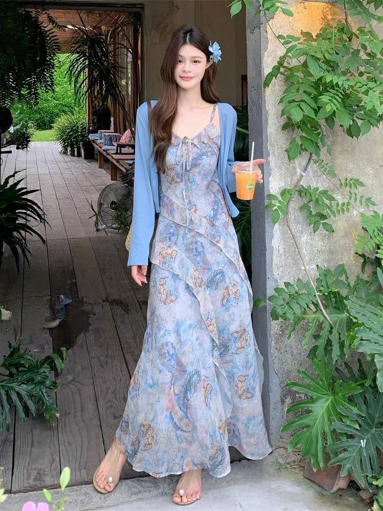 마이크로 지방 mm 여름 ootd 착용 가져 가라. 보헤미안 쉬폰 슬립 드레스 니트 오픈 가디건 고유 한 아름다운 세트 이미지 4