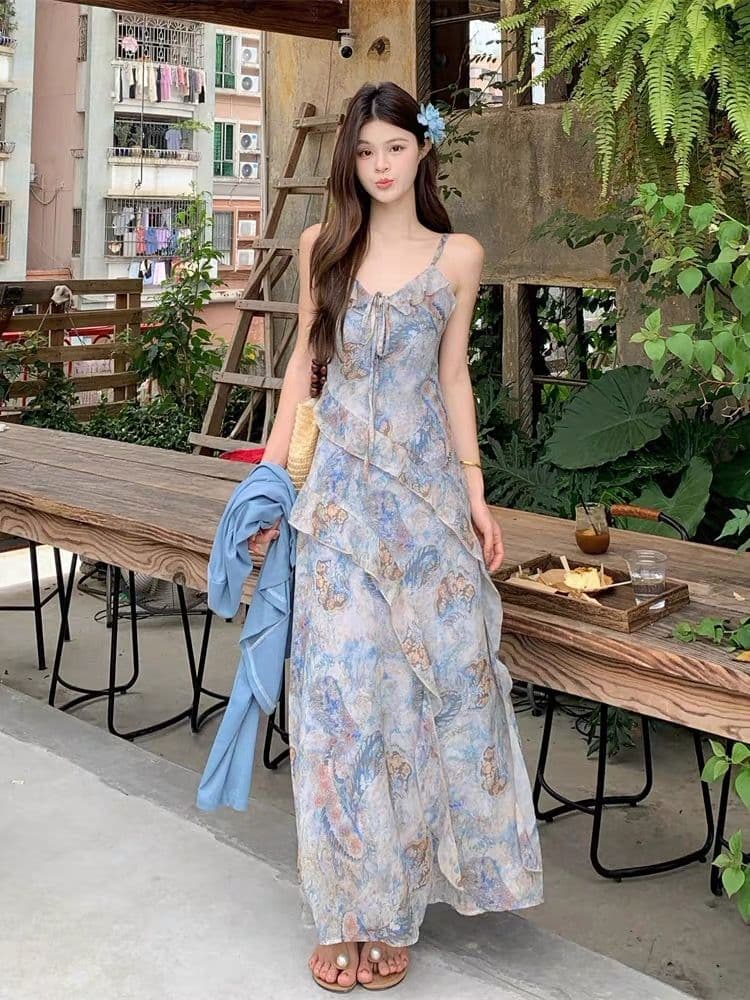 마이크로 지방 mm 여름 ootd 착용 가져 가라. 보헤미안 쉬폰 슬립 드레스 니트 오픈 가디건 고유 한 아름다운 세트 상세 이미지 5