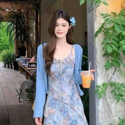 마이크로 지방 mm 여름 ootd 착용 가져 가라. 보헤미안 쉬폰 슬립 드레스 니트 오픈 가디건 고유 한 아름다운 세트 상세 이미지 6