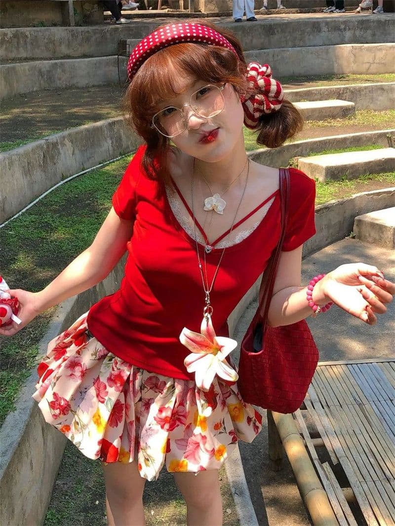 반팔 티셔츠 여성 디자인 센스 안전 바지 꽃무늬 꽃밭 반신 스커트 이미지 3