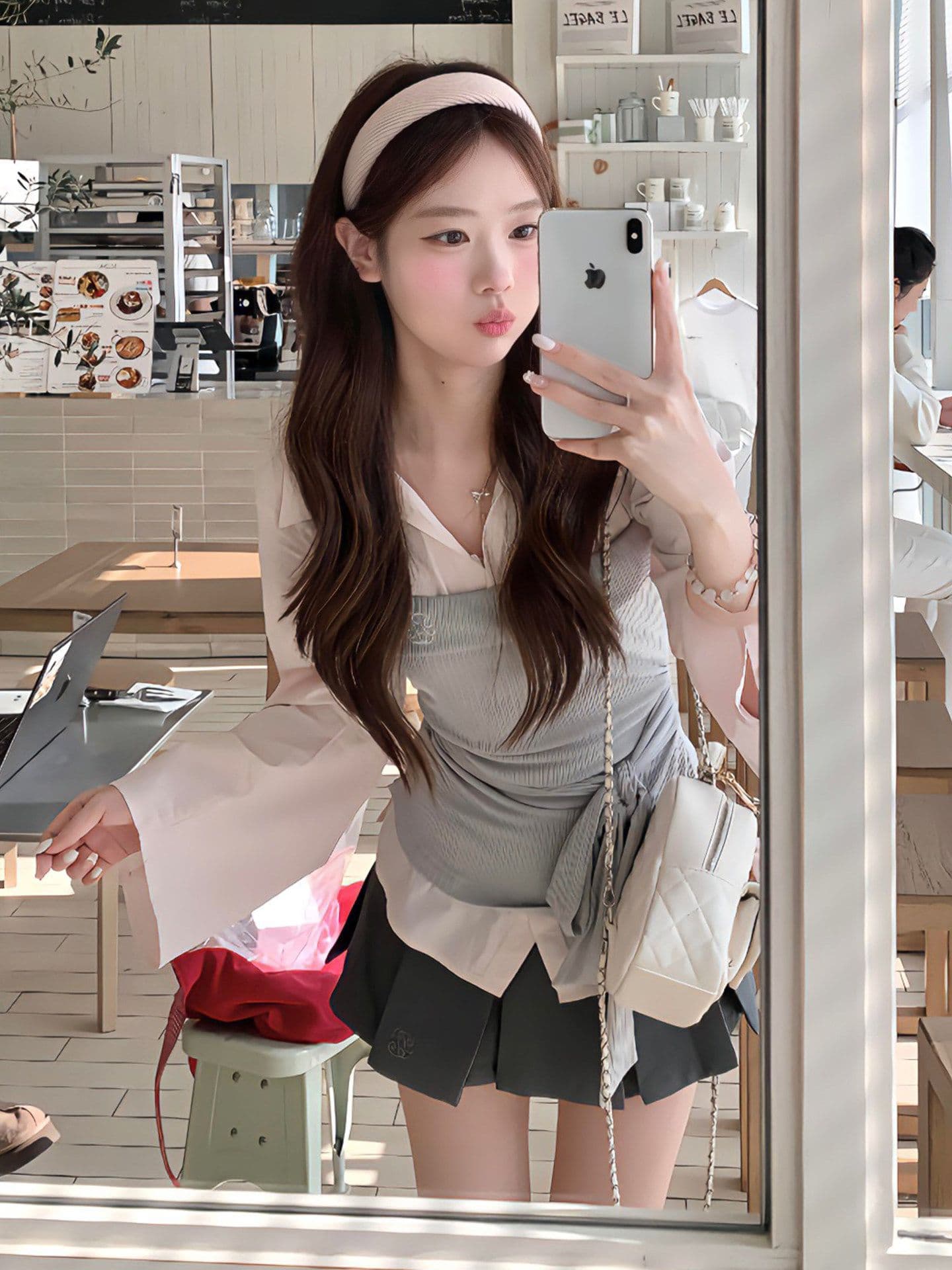 이른 봄 한 부서 소녀 착용 가져 가라. 전체 집합 디자인 센스 핑크색 긴팔 페이크 레이어드 셔츠 플리츠 미니 스커트 투피스 세트 이미지 4