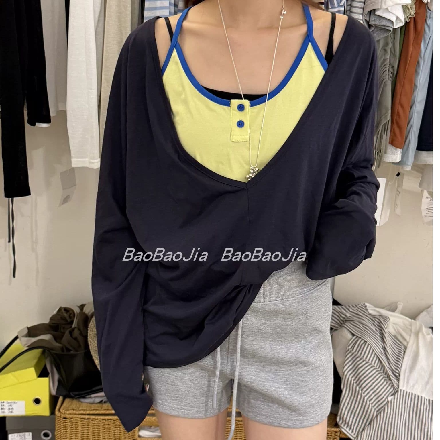 페이크 레이어드 패치워크 반팔 여성 셔츠 여름 새로운 프릴 스트랩 작은 셔츠 디자인 센스 맨위