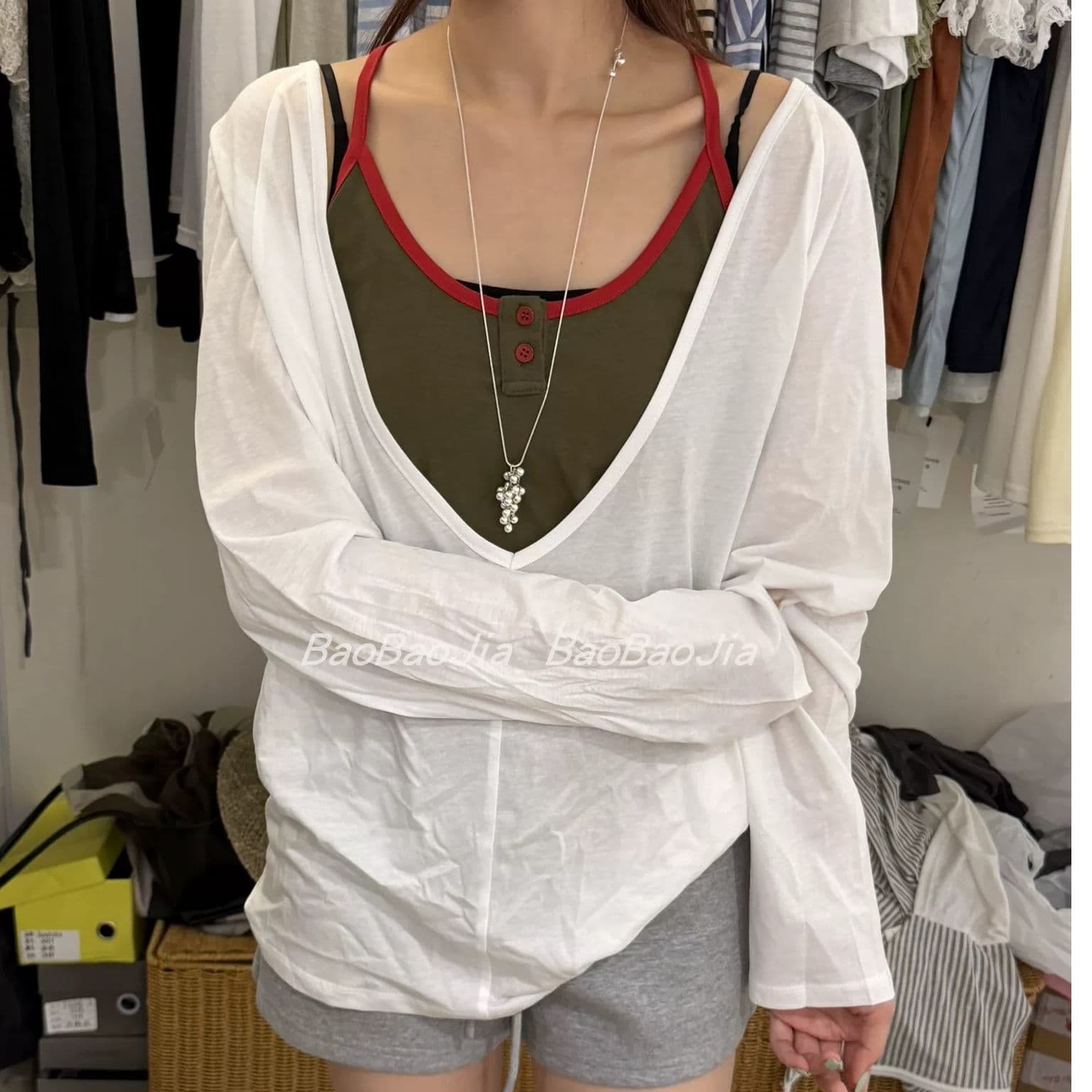 페이크 레이어드 패치워크 반팔 여성 셔츠 여름 새로운 프릴 스트랩 작은 셔츠 디자인 센스 맨위 이미지 5
