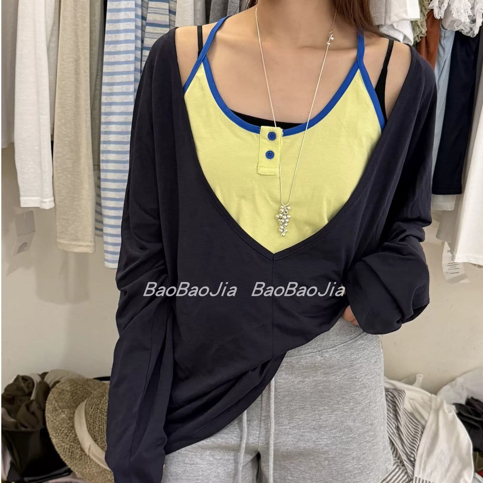 페이크 레이어드 패치워크 반팔 여성 셔츠 여름 새로운 프릴 스트랩 작은 셔츠 디자인 센스 맨위 상세 이미지 1