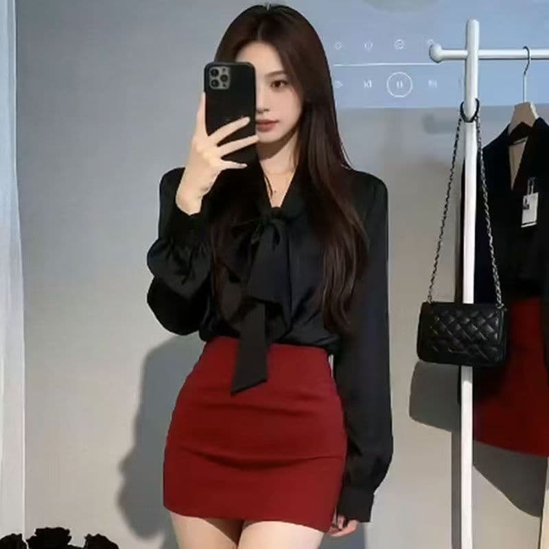2026 봄 가을 새로운 프랑스식 품격 긴팔 품격 여성 셔츠 몸매 가꾸기 슬림해 보이는 타이트 스커트 미니 스커트 세트 작업복 이미지 4