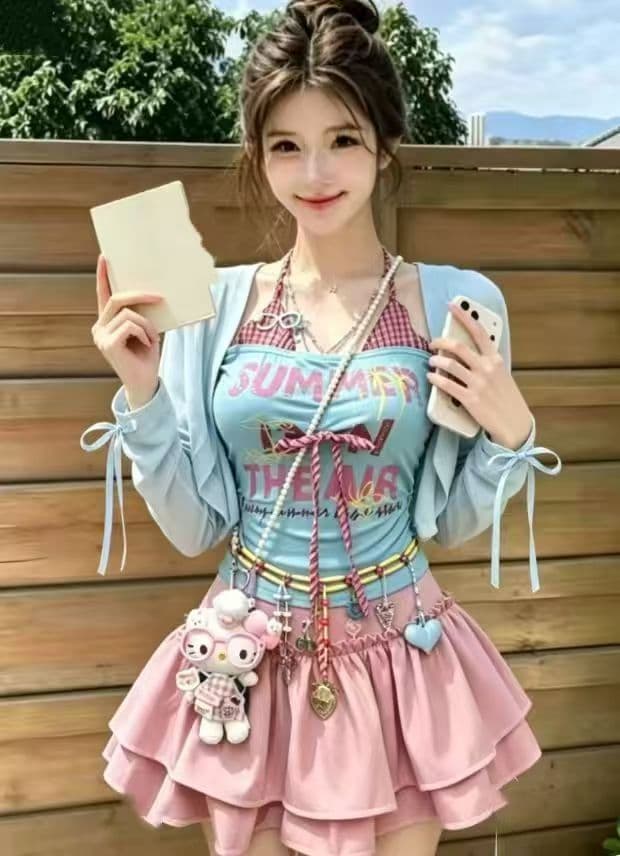 알파벳 프린트 캐미솔 여름 페이크 레이어드 핫걸 몸매 가꾸기 쇼트 스타일 티셔츠 맨위 미니 스커트 오픈 가디건 3종 세트 이미지 2
