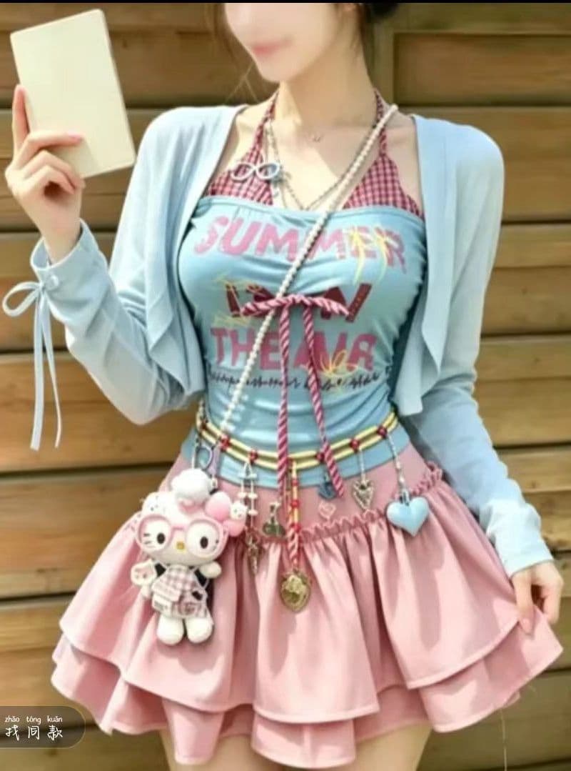 알파벳 프린트 캐미솔 여름 페이크 레이어드 핫걸 몸매 가꾸기 쇼트 스타일 티셔츠 맨위 미니 스커트 오픈 가디건 3종 세트 상세 이미지 3