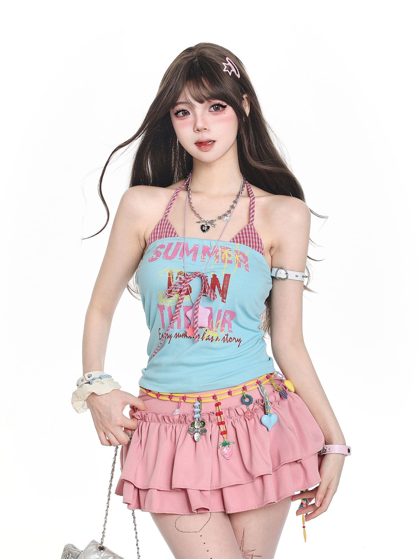 알파벳 프린트 캐미솔 여름 페이크 레이어드 핫걸 몸매 가꾸기 쇼트 스타일 티셔츠 맨위 미니 스커트 오픈 가디건 3종 세트 상세 이미지 7