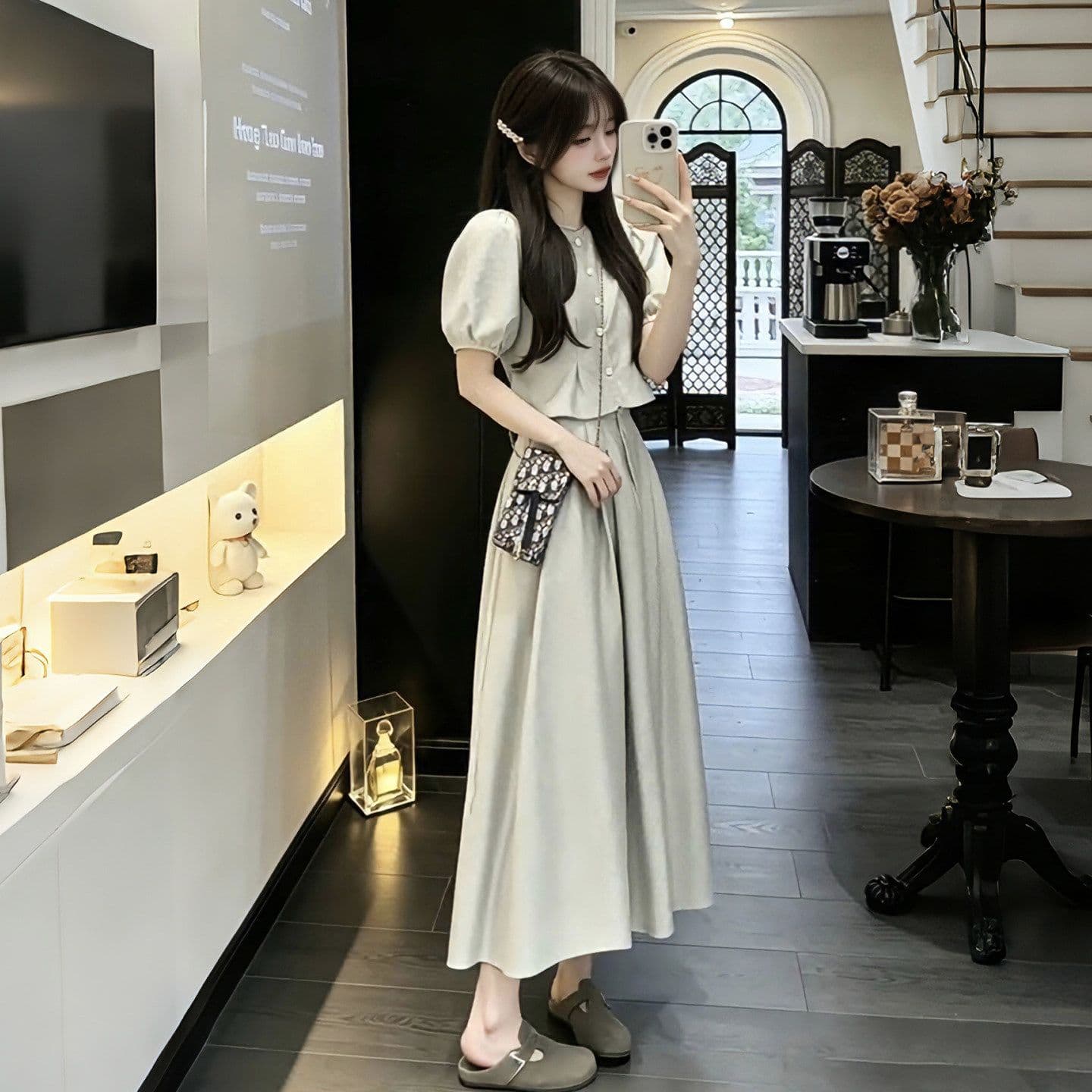 고유 한 아름다운 전체 집합 여름 드레스 빅 사이즈 지방 mm 거품 소매 셔츠 다용도 작은 키 반신 치마 세트 여성 이미지 2
