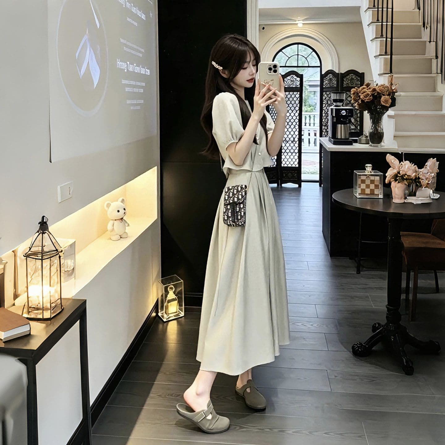 고유 한 아름다운 전체 집합 여름 드레스 빅 사이즈 지방 mm 거품 소매 셔츠 다용도 작은 키 반신 치마 세트 여성 상세 이미지 2