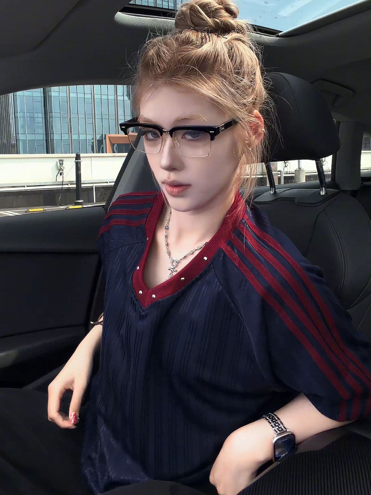 원본 솜씨 원본 원단 아메리칸 높음 거리 V넥 뜨거운 구슬 스트라이프 반팔 제안 루즈핏 티셔츠 남녀 여름 상세 이미지 5