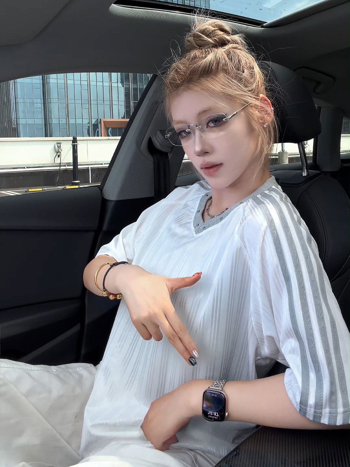 원본 솜씨 원본 원단 아메리칸 높음 거리 V넥 뜨거운 구슬 스트라이프 반팔 제안 루즈핏 티셔츠 남녀 여름 상세 이미지 13