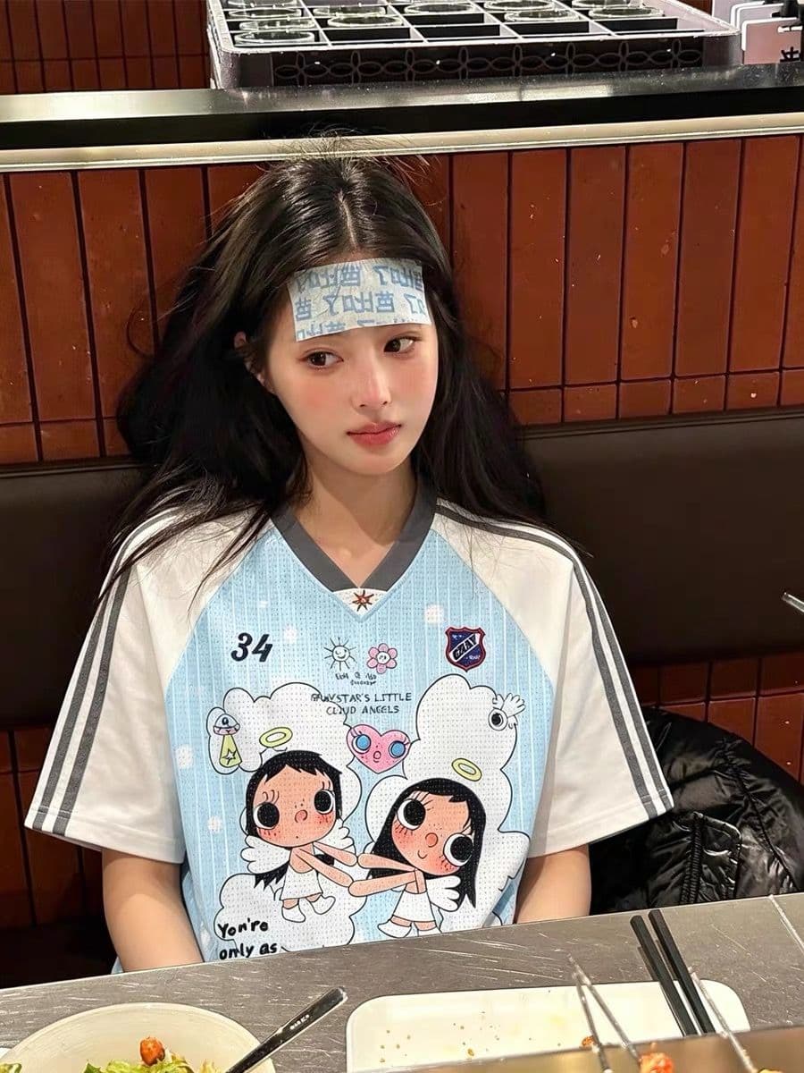 색상 차이 없음 원본 명중 에디션 루즈핏 에디션 원단 V넥 반팔 티셔츠 여성